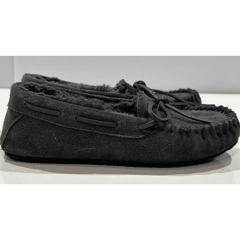 Minnetonka Gray Suede Moccasins Faux Fur Lined Women's 6 Comfort Shoes